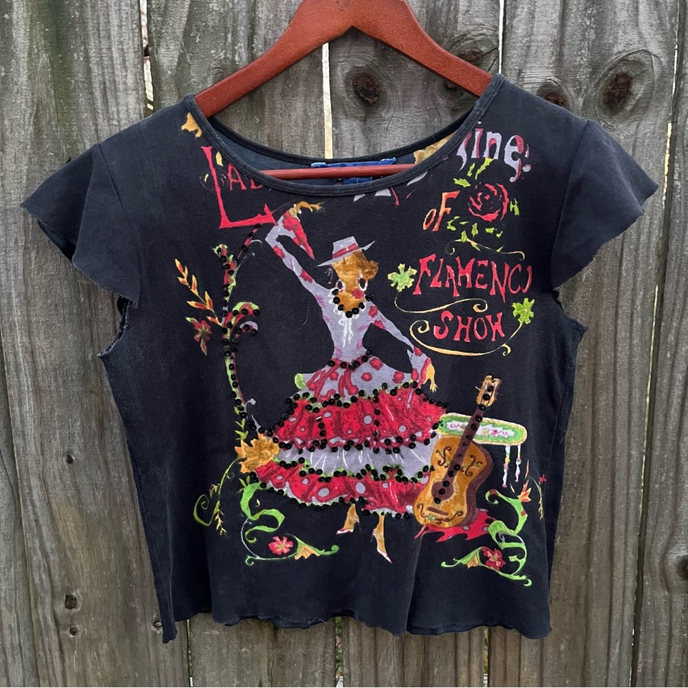 Y2K Blue Plate Flamenco Show Beaded Sequins Graphic Tee Large